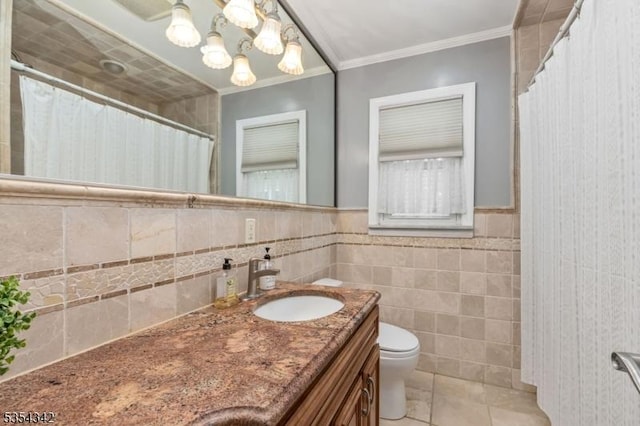 full bathroom featuring crown molding, a notable chandelier, vanity, toilet, and tile patterned floors