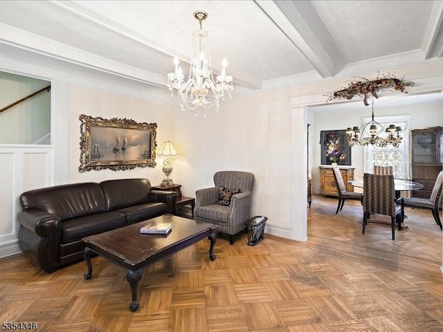 living room featuring crown molding, beam ceiling, and a notable chandelier