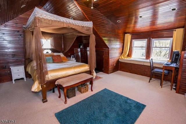 bedroom with wooden walls, wooden ceiling, carpet, and vaulted ceiling
