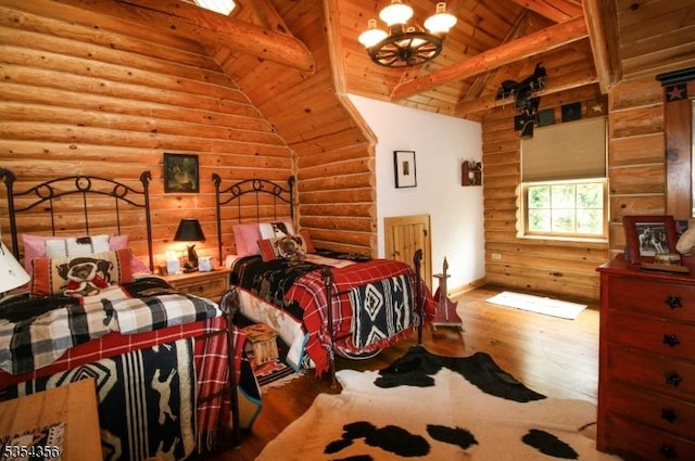 31 Kent Rd, Hampton Twp, NJ 07860 - bedroom featuring wooden ceiling, beam ceiling, hardwood / wood-style floors, and a notable chandelier