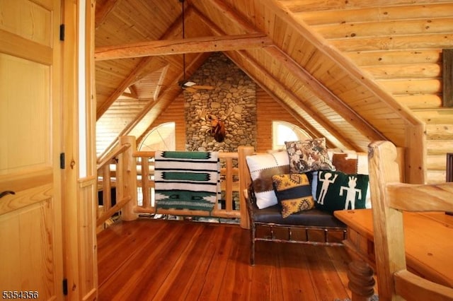 31 Kent Rd, Hampton Twp, NJ 07860 - sitting room featuring wood ceiling, an upstairs landing, log walls, vaulted ceiling with beams, and hardwood / wood-style floors
