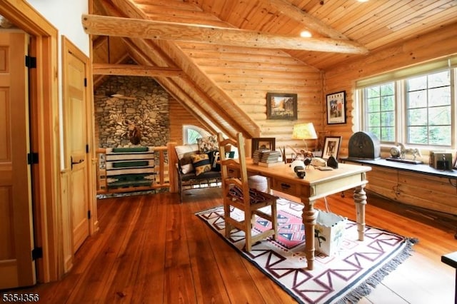 31 Kent Rd, Hampton Twp, NJ 07860 - office area featuring vaulted ceiling with beams, wood ceiling, rustic walls, and hardwood / wood-style floors