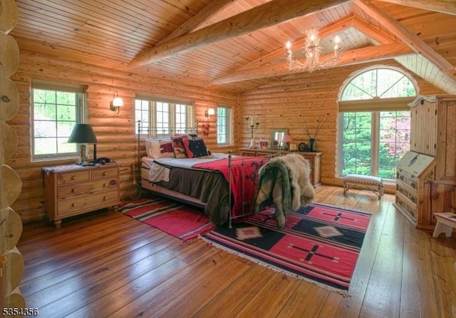 31 Kent Rd, Hampton Twp, NJ 07860 - bedroom featuring wooden ceiling, vaulted ceiling with beams, log walls, and hardwood / wood-style floors