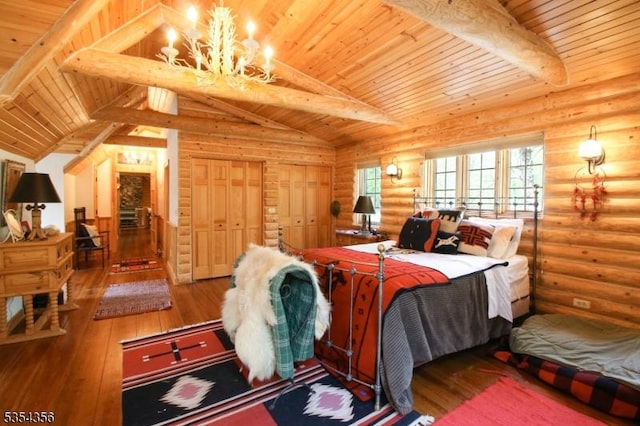 31 Kent Rd, Hampton Twp, NJ 07860 - bedroom with wood-type flooring, wood ceiling, a chandelier, and vaulted ceiling with beams