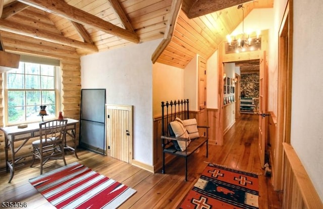 31 Kent Rd, Hampton Twp, NJ 07860 - living area with wood ceiling, wood-type flooring, rustic walls, an inviting chandelier, and vaulted ceiling with beams