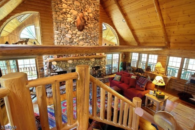 31 Kent Rd, Hampton Twp, NJ 07860 - living room with wooden walls, beam ceiling, a fireplace, high vaulted ceiling, and wood ceiling