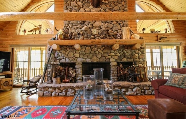 31 Kent Rd, Hampton Twp, NJ 07860 - living room featuring a stone fireplace, log walls, and wooden ceiling