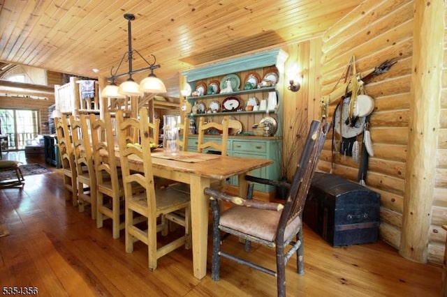 31 Kent Rd, Hampton Twp, NJ 07860 - dining room with log walls, wood ceiling, and hardwood / wood-style flooring