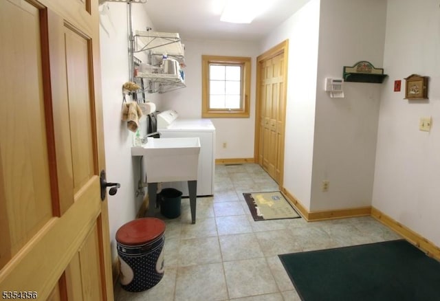31 Kent Rd, Hampton Twp, NJ 07860 - laundry room featuring laundry area, washing machine and dryer, baseboards, a sink, and light tile patterned floors