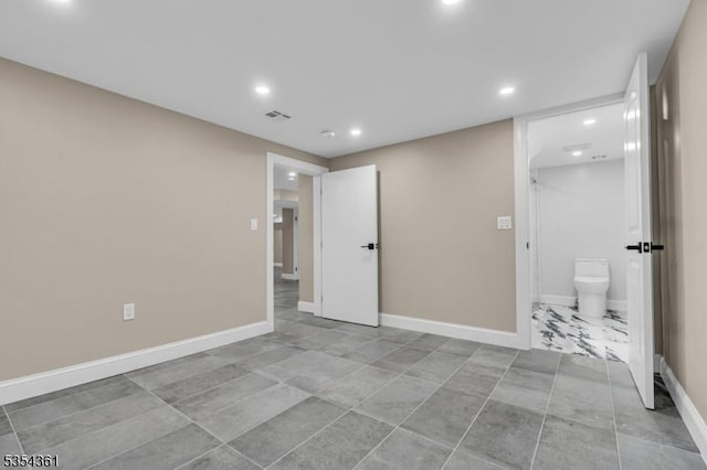 unfurnished bedroom with connected bathroom, recessed lighting, baseboards, and visible vents