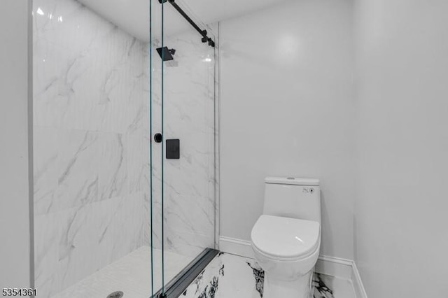 full bath with toilet, baseboards, a marble finish shower, and marble finish floor