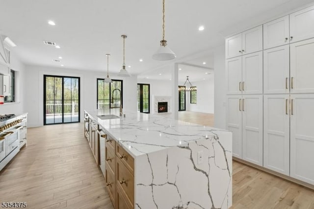 kitchen with recessed lighting, a sink, and light wood-style floors