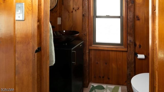 bathroom with vanity, wood walls, and toilet