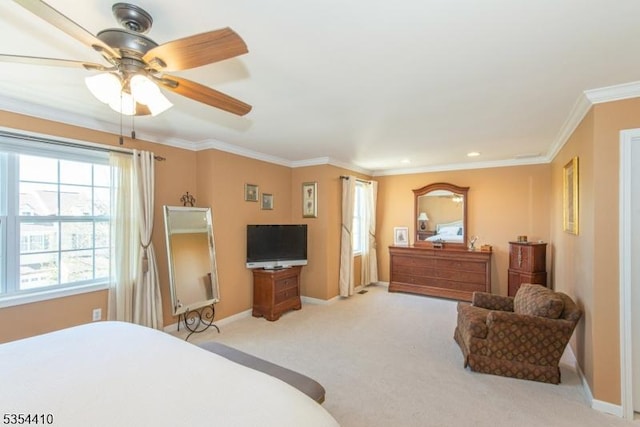 bedroom featuring light colored carpet, recessed lighting, baseboards, and crown molding