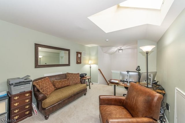 living room featuring carpet floors, lofted ceiling with skylight, and visible vents