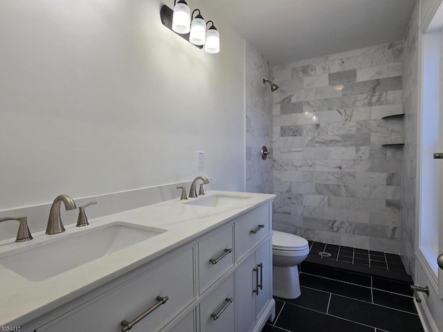 521 Parkwood Ct, Phillipsburg Town, NJ 08865 - bathroom featuring tile patterned floors, toilet, double vanity, and tiled shower