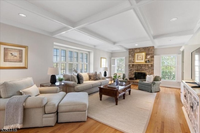 17 Hunters Path, Montgomery Twp, NJ 08558 - living room featuring beam ceiling, a fireplace, light wood-style flooring, recessed lighting, and coffered ceiling