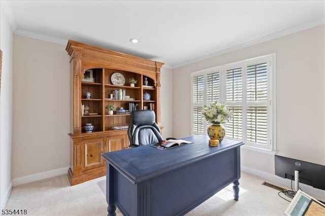 17 Hunters Path, Montgomery Twp, NJ 08558 - office area with crown molding, baseboards, visible vents, and light carpet