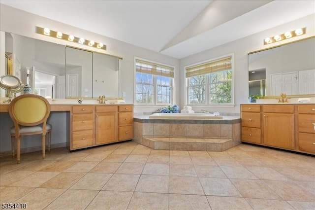 17 Hunters Path, Montgomery Twp, NJ 08558 - bathroom featuring tile patterned floors, two vanities, a garden tub, and lofted ceiling