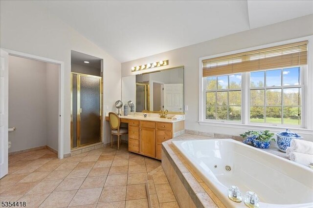 17 Hunters Path, Montgomery Twp, NJ 08558 - full bathroom featuring vanity, lofted ceiling, toilet, a tub with jets, and a stall shower