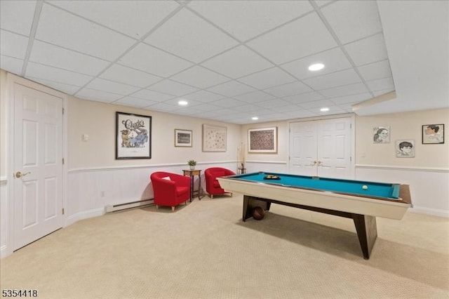 17 Hunters Path, Montgomery Twp, NJ 08558 - recreation room featuring carpet floors, billiards, a baseboard radiator, and a drop ceiling