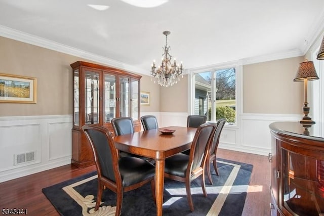 25 Hook Mountain Dr, Clinton Twp, NJ 08801 - dining room featuring wainscoting, dark wood-type flooring, and a chandelier