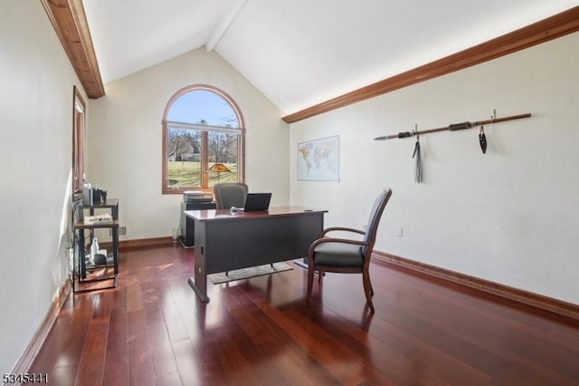 25 Hook Mountain Dr, Clinton Twp, NJ 08801 - office space with baseboards, dark wood-style flooring, and vaulted ceiling with beams