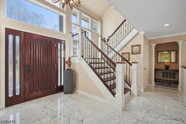 25 Hook Mountain Dr, Clinton Twp, NJ 08801 - foyer featuring stairs, baseboards, a chandelier, and marble finish floor