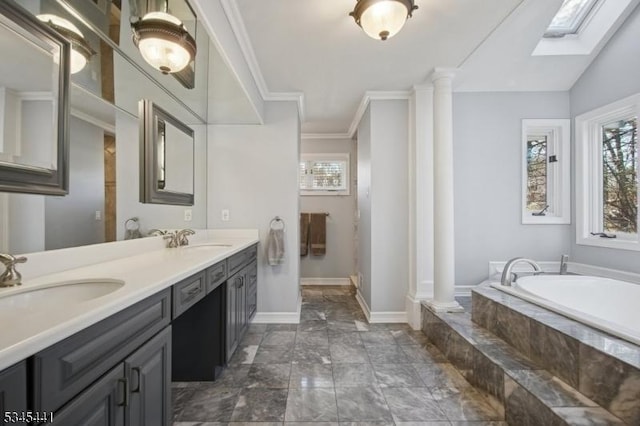 25 Hook Mountain Dr, Clinton Twp, NJ 08801 - bathroom with a sink, a skylight, a garden tub, and marble finish floor