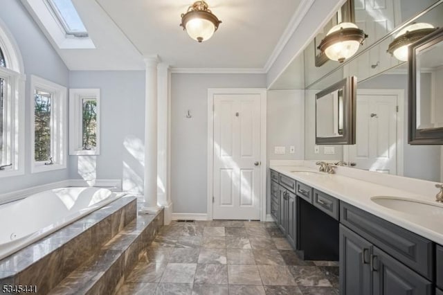 25 Hook Mountain Dr, Clinton Twp, NJ 08801 - full bath featuring double vanity, a skylight, a sink, and a garden tub
