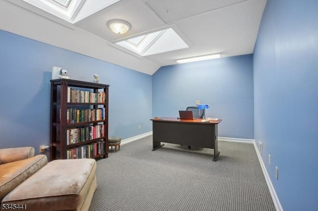 25 Hook Mountain Dr, Clinton Twp, NJ 08801 - office area featuring vaulted ceiling with skylight, carpet floors, and baseboards