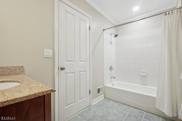 25 Hook Mountain Dr, Clinton Twp, NJ 08801 - bathroom with vanity, tile patterned floors, shower / bathtub combination with curtain, visible vents, and ornamental molding