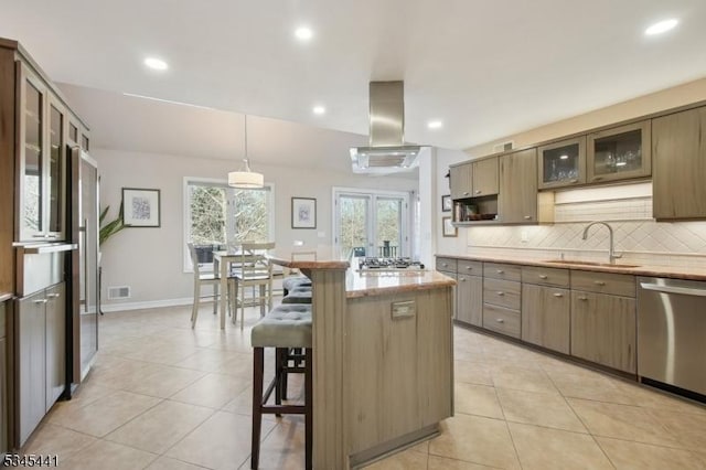 25 Hook Mountain Dr, Clinton Twp, NJ 08801 - kitchen featuring a kitchen breakfast bar, island range hood, stainless steel dishwasher, a sink, and light tile patterned floors