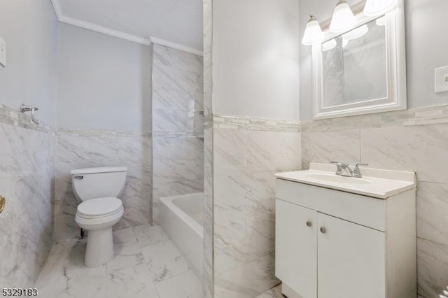 full bath featuring tile walls, vanity, toilet, marble finish floor, and ornamental molding