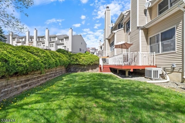 view of green lawn featuring cooling unit, a wooden deck, and a residential view