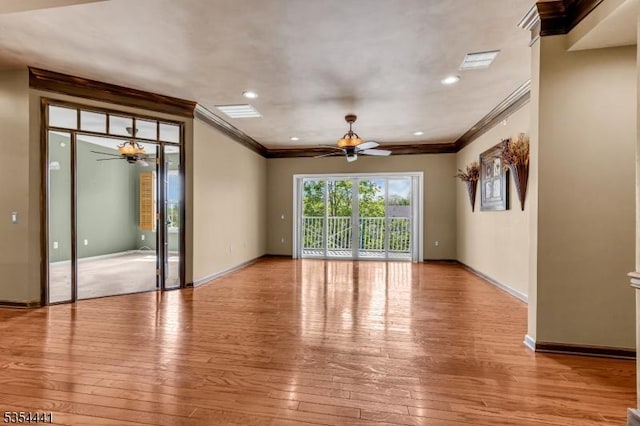 unfurnished room with a ceiling fan, ornamental molding, hardwood / wood-style floors, baseboards, and recessed lighting