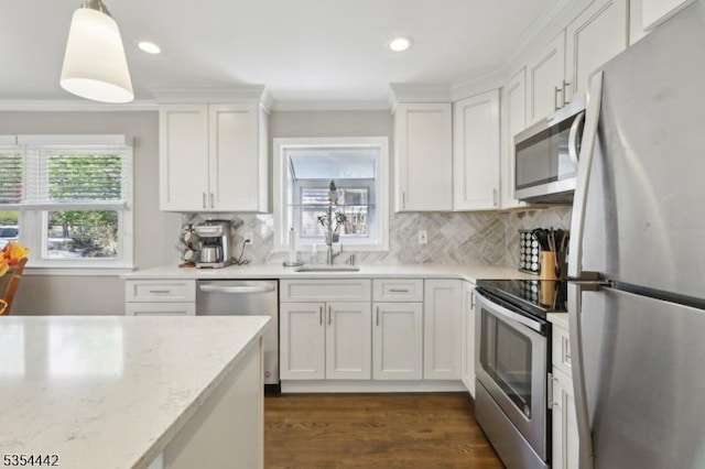 kitchen featuring white cabinetry, appliances with stainless steel finishes, ornamental molding, and a wealth of natural light