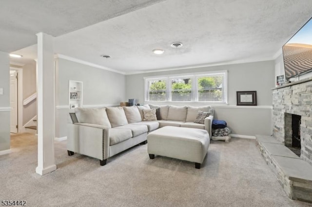 living room with stairs, ornamental molding, a fireplace, and light carpet