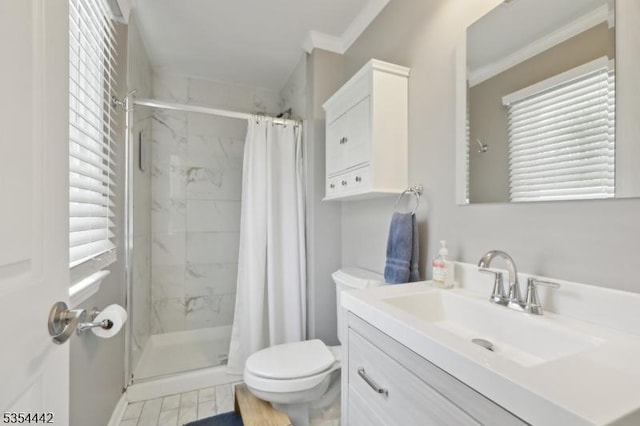 bathroom featuring a healthy amount of sunlight, vanity, a shower stall, and toilet