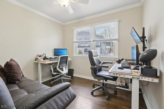 office with baseboards, ceiling fan, ornamental molding, and wood finished floors