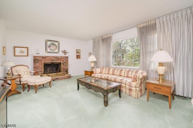 carpeted living room with a brick fireplace