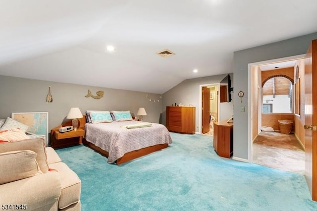 bedroom featuring light colored carpet, visible vents, baseboards, lofted ceiling, and recessed lighting