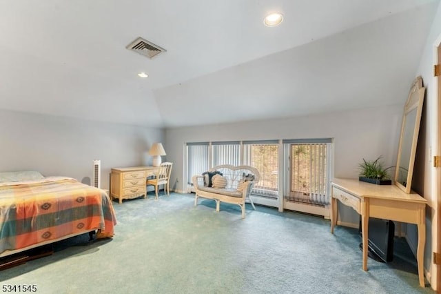 carpeted bedroom featuring recessed lighting, visible vents, baseboard heating, and lofted ceiling