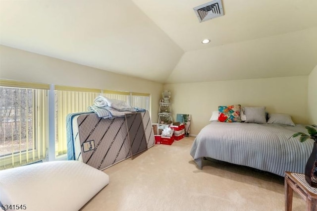 bedroom featuring carpet floors, lofted ceiling, recessed lighting, and visible vents
