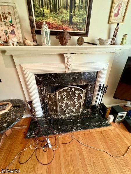 detailed view of a fireplace and wood finished floors