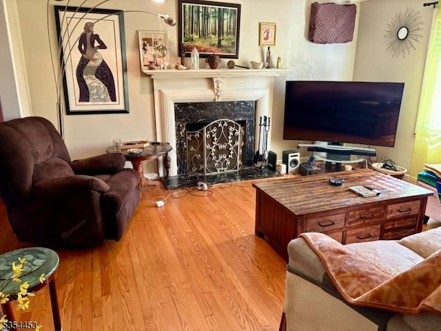 living area with wood finished floors and a premium fireplace