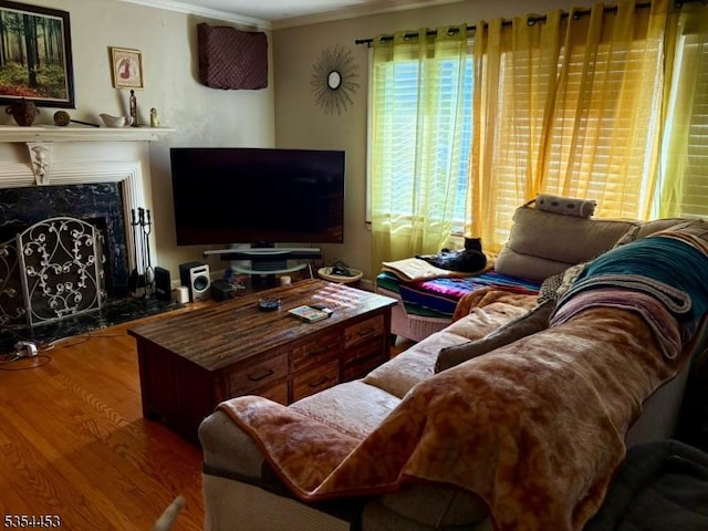 living area featuring a premium fireplace, wood finished floors, and crown molding