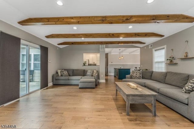 18 Higgins Farm Rd, Delaware Twp, NJ 08559 - living room with recessed lighting, light wood finished floors, beam ceiling, and visible vents