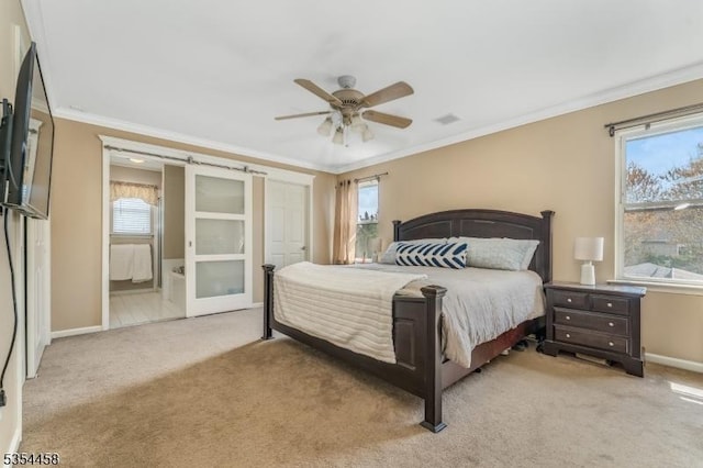 18 Higgins Farm Rd, Delaware Twp, NJ 08559 - carpeted bedroom with crown molding, baseboards, a ceiling fan, and visible vents