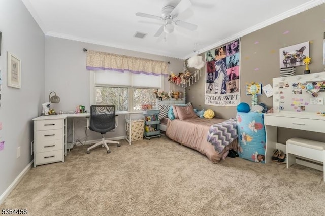 18 Higgins Farm Rd, Delaware Twp, NJ 08559 - bedroom featuring a ceiling fan, visible vents, carpet floors, baseboards, and ornamental molding